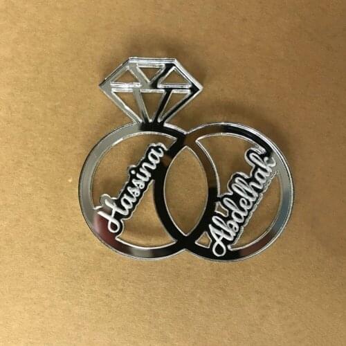 12pcs Personalized Laser Cut Bride & Groom Name Diamond Ring Silver Mirror Table Decoration Wedding Party Centerpieces Decor