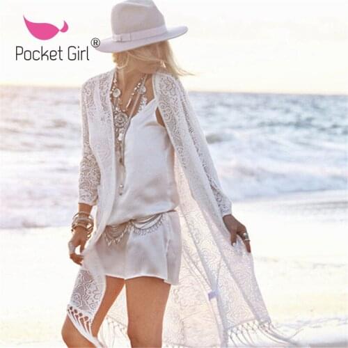 Pocket Girl 2020 White Knitted Beach Cover Up Dress Tunic Long Pareos Bikinis Sexy Cover Ups Swim Cover Up Robe Plage Beachwear