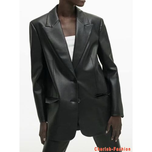 2021 Long PU Faux Leather Blazers Women Leather Jacket Coat Brand New Womens Jackets Outerwear Ladies Coats Female Leather Suit