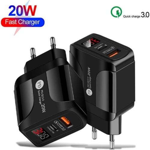 20W Quick Charger USB Charger For iPhone Xiaomi Samsung PD QC3.0 Digital Display Phone Fast Charging Wall Travel Adapter