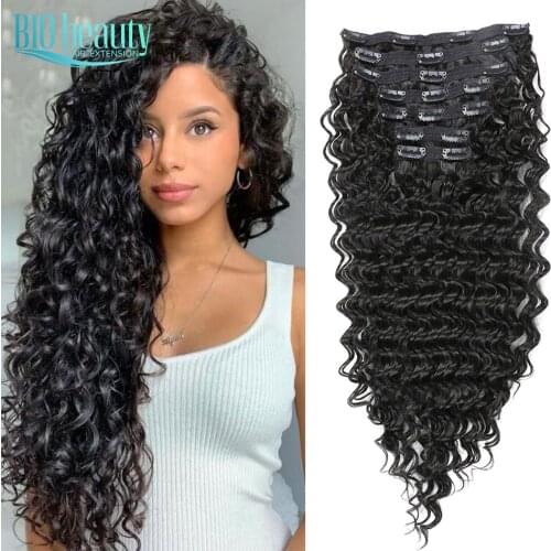 Deep Wave Clip In Hair Extensions 24Inch Full Head 7Pcs 140G Soft Loose Wave Weft Black 613 Synthetic Curly Hair Extensions Long