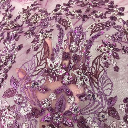 Purple African High Quality Handmade Beads Flowers Applique Embroidery Lace Fabric French Tulle Mesh For Wedding Party Dresses