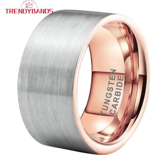 12MM Tungsten Wedding Band Rose Gold Wedding Ring For Men Flat Band Brush Finish Comfort Fit