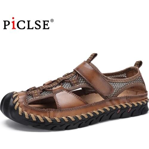 Plus Size 48 Cow Leather Men Sandals Breathable Outdoor Men Beach Sandals Summer Hole Men Sandalias zapatos hombre
