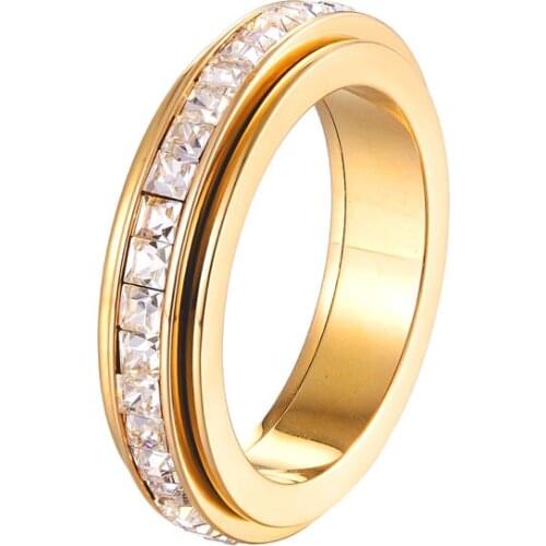 New Rotating Shiny Circle Square Crystal Ring for Women Titanium Steel Gold Color Luxury Famous Brand Jewelry Love Ring Gift