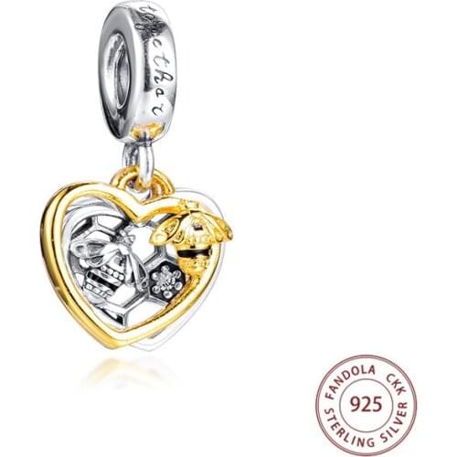 Fits Pandora Bracelet Charms Authentic 925 Sterling Silver Hearts & Bees Dangle Beads for Jewelry Making Bijoux Femme Wholesale