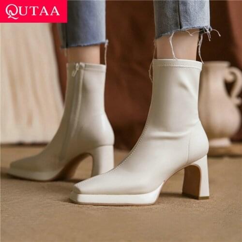 QUTAA 2022 Square Low Heel Fashion Ankle Boots Genuine Leather Short Boots Square Toe Zipper Winter Women Shoes Size 34-39