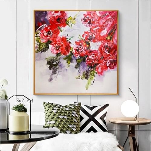 Hand Painted Oil Painting Beautiful Rose Knife Red Flowers On Canvas, Square Modern Decoration Home Decoration Painting
