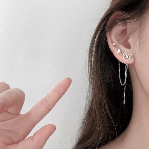 925 Sterling Silver Asymmetry Tassel Crystal Butterfly Stud Earring For Women Jewelry pendientes Accessories eh1649