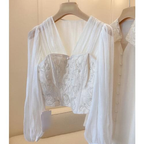 Chiffon Patchwork Beige Women Blouse Summer New Design 2021 Puff Sleeved Seaure Collar Short Slim Empired Office Lady Pulls Tops
