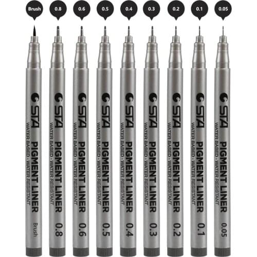 STA Fine Point Black Pigment Liner Brush Pen Waterproof Archival Ink Micro Art Marker pens for Drawing Paint Sketch design F986