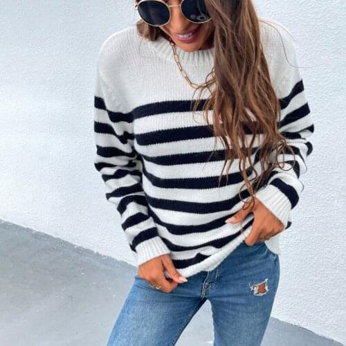 Hot Sale Sweater Womens 2021 Fashion Autumn and Winter New European and American Contrast Color Striped Pullover Knitted Top