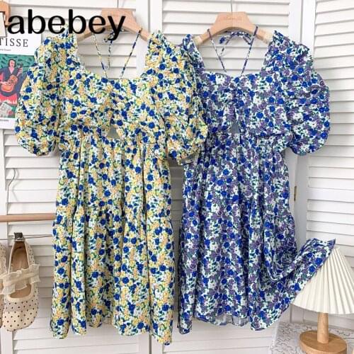 Vintage square collar puff sleeve Dress high waist pleated drawstring lace up hollow out floral A-line Dress 2021 New Summer