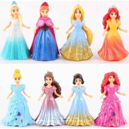 Disney Princess Magic Clip Dolls Dress Magiclip 8pcs/set 9cm Action Figure Anime Decoration Collection Figurine Toys model child