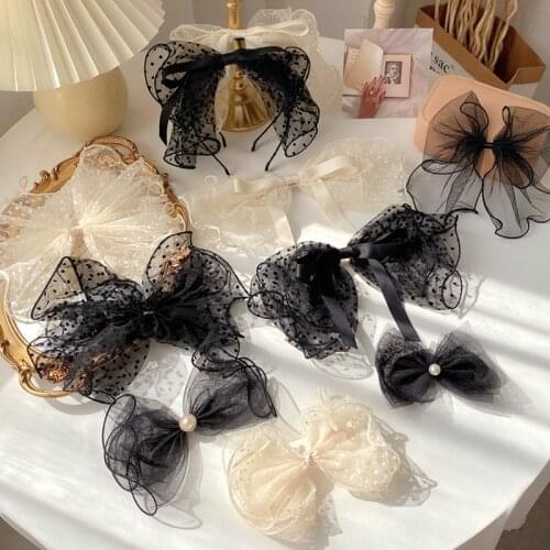 Fashion Women Girls Cute Hairpins Hair Rope Lace Flower Bow Ribbon Hair Clip Hair Ornament Headband Black White Hair Accessory