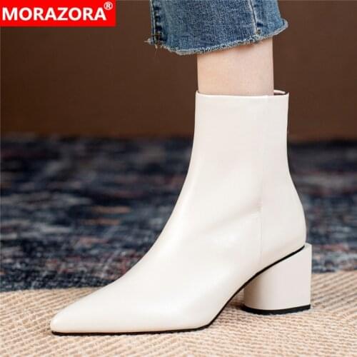 MORAZORA Full Genuine Leather Boots Women Zipper High Heels Pointed Toe Solid Color Fashion Ladies Ankle Boots For Women Shoes