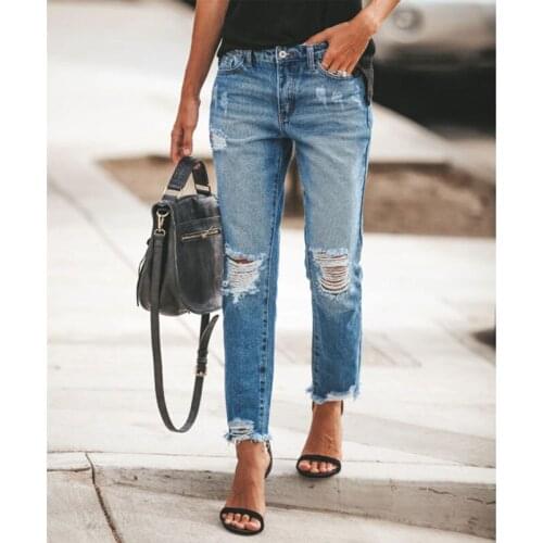 Womens Chic Fashion Ripped Jeans Retro Zipper Flanged Jeans Womens Pants Slim Ripped Holes Washed Ripped Jeans for Women