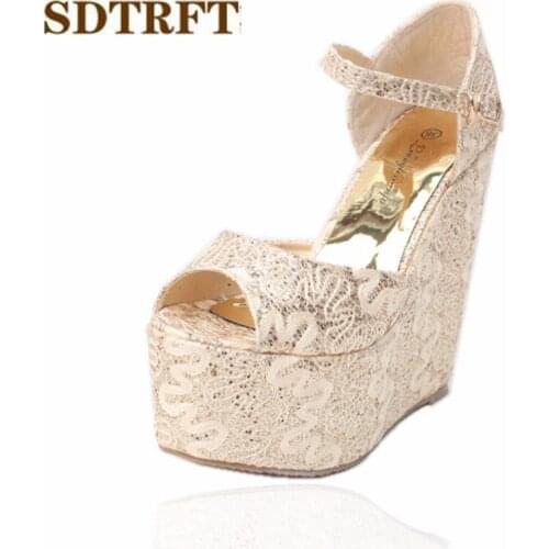 SDTRFT Stiletto Ladies 15cm wedges Sandals Sequins Platform shoes woman zapatos mujer wedding Pumps Small Yards:30,31,32,33-43