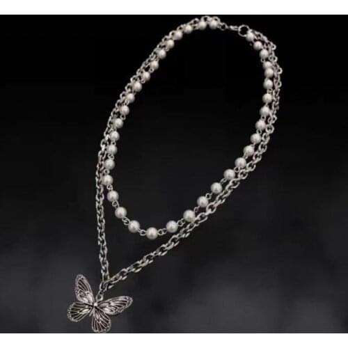 2021 Vintage Imitation Pearl Butterfly Pendant Necklace for Women Fashion Chain Necklace Female Korean Fashion Necklace Jewelry