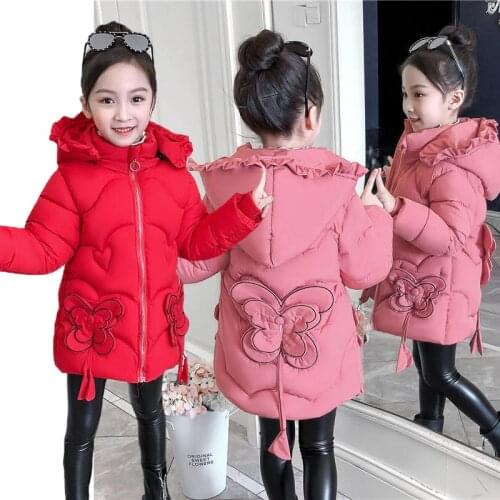 2-12 Years Thick Warm Girls Winter jacket Cute Butterfly Heavy Hooded Outerwear For Girl Outdoor Teenager Kids Windbreaker Coat