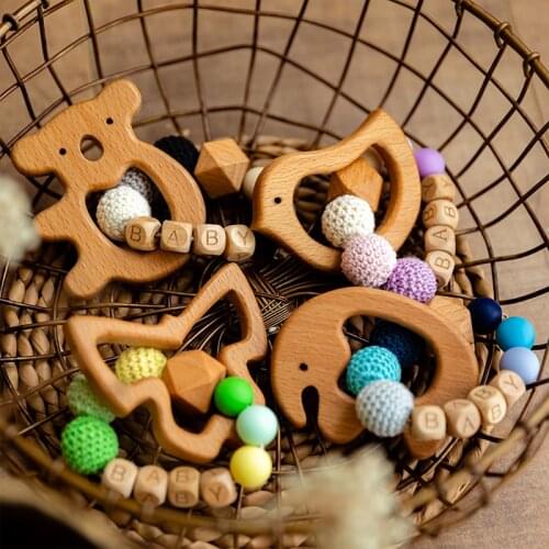 1PC Baby Teething Bracelet Wooden Animal Rodent Olive Oil Koala Pendant Personalised Name Wood Beads For Kid Baby Products Toys