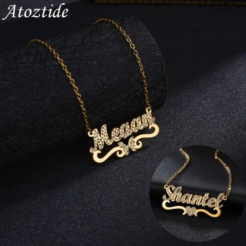 Atoztide Custom Name Personalized Stainless Steel Necklace Butterfly Heart Letters Crystal Pendant for Women Zircon Jewelry Gift