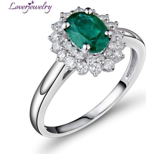 LOVERJEWELRY Emerald Stone Engagement Rings 1.4 Carat Emerald Ring Real Diamonds Ring Au585 /14K White Gold For Women Jewelry