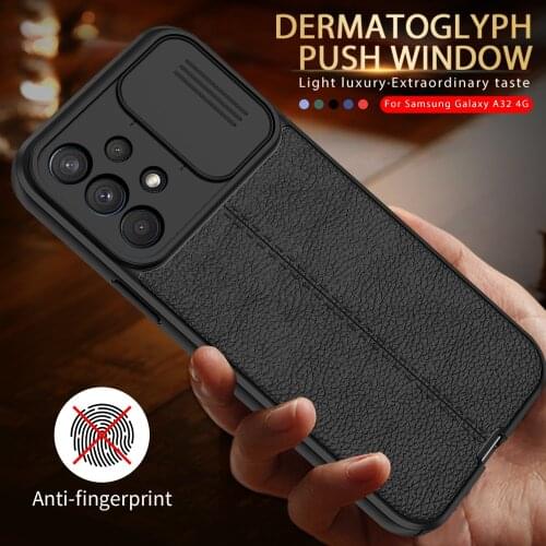 Leather lychee patten soft silicone back covers for samsung galaxya32 galaxy a32 a 32 32a 2021 push pull camera protection case