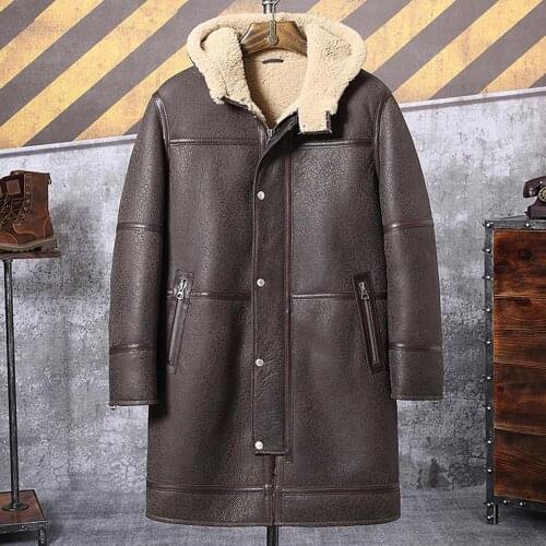 2019 New Mens B3 Shearling Jacket Hooded Sheepskin Coat Long Fur Coat Leather Jacket Mens Thick Winter Coat