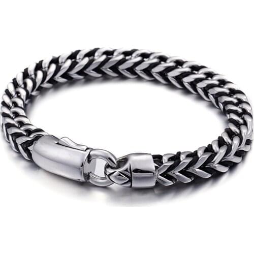 Men Big Size Link Jewelry Braided Leather Stainless Steel Woven Chain Width 8mm Cable Twine Bracelet 23cm
