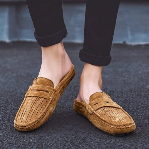 Genuine Leather Shoes Man Mules Pig Suede Loafers Slippers Mens Casual Shoes Hollow Out Summer Driving Shoes Lplus Size 38-46
