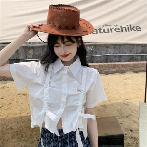 Shirt Drawstring White Short-sleeved Shirt Female Design Sense Niche Summer New Style Korean Loose Top Tide