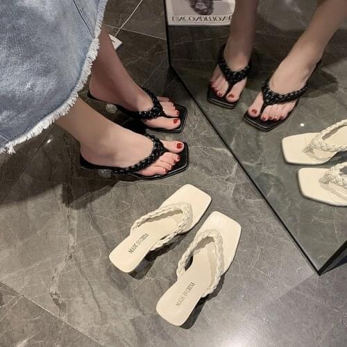 Slippers Women Summer New Fashion Womens Slippers 2021 Square Heels Slides Women Rope Peep Toe Women Sippers Shoes Elegant