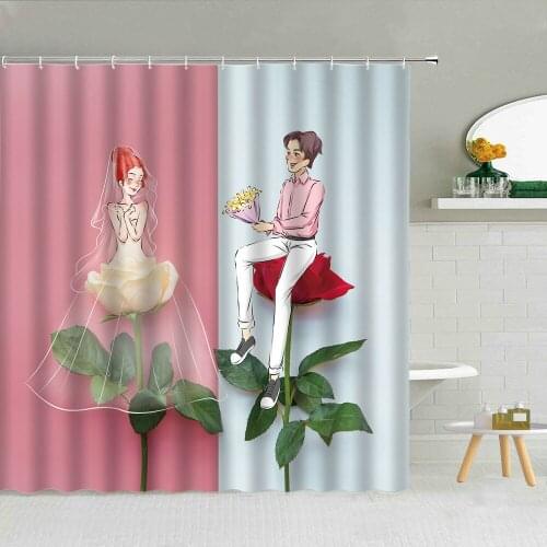 Lovers Propose Splicing Shower Curtain White Red Rose Flower Bathroom Decor Valentines Day Girl Gift Waterproof Fabric Curtains