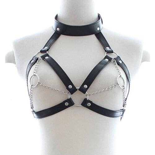 Leather Strap Body Harness Open Breast Crop Top With Metal Chained Nipple Ring Black Kinky Erotic Fetish Sexy Lingerie