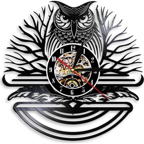 Owl Ornament Wall Clock Wall Art Abstract Bird Vinyl Record Black Obsessives 7-colors Watch Home Decor LED Light Bedside Lamp