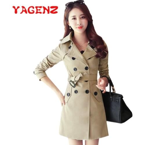 YAGENZ Spring Autumn Trench Coat Women Double breasted Slim Plus size XS-5XL Lady Basic Female Windbreaker Coat Long Outwear 198