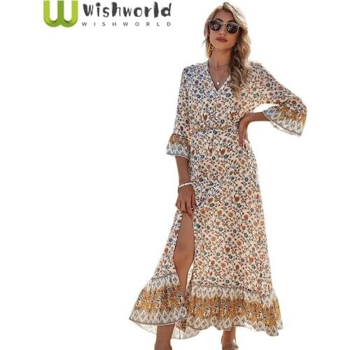 A Word Skirt in the Spring of 2021 the New Womens V-neck Tall Waist Leisure Vents of the Bohemian Dress Stitching Beach Print