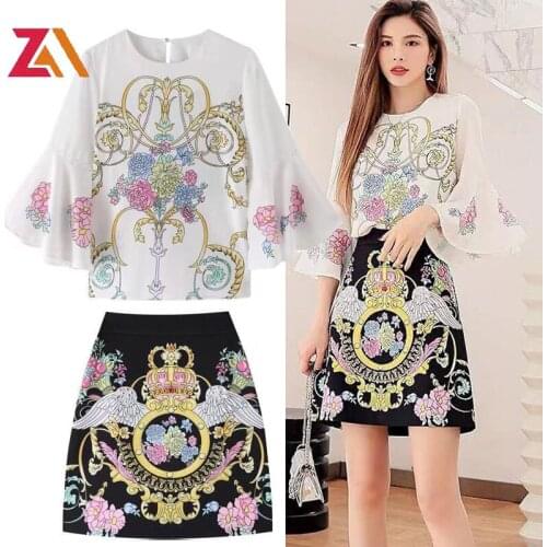 ZALady Summer Woman Clothes Fashion French Flare Sleeve Blouses Tops And Mini Skirts Two Piece Sets Suit 2piece Outfits Femme