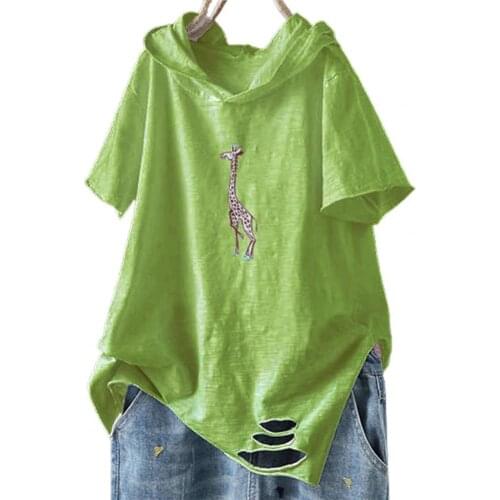 Women T-shirt Women Summer Loose top Casual Solid Color Short Sleeve Ripped Giraffe Print Loose T-shirt Hoodie Plus Size 4XL
