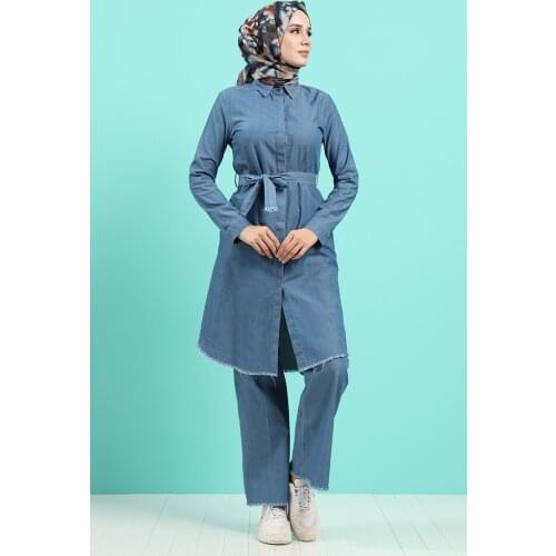 Women Belted Denim Tunic Pants Dual Suit Hijab Muslim Fashion-14