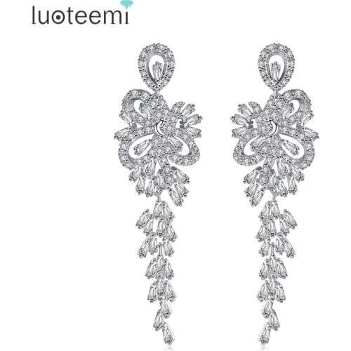 LUOTEEMI New Arrival Quality Luxurious Romantic CZ Long Hanging Chandelier Earrings For Bridal Mariage Wedding Party Jewelry