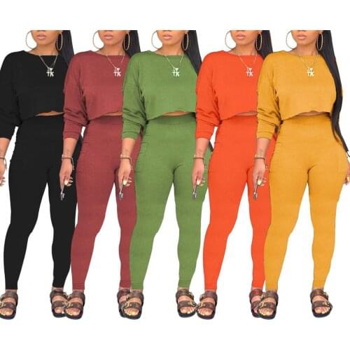 Two Piece Women Autumn Spring Solid Sets Long Sleeve O Neck Crop Top Sheath Pants Female Fashion Casual Sport Outfits 2020 New