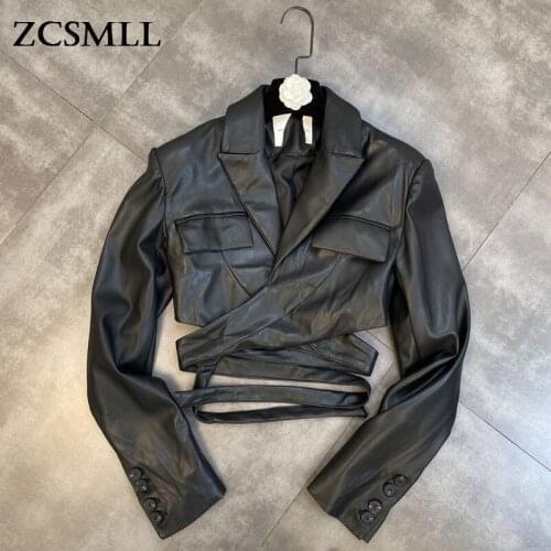 ZCSMLL 2021 Fall Winter Turn-down Collar Leather Women Coat Long Sleeve Waist Cross Thin Waist Streetwear Fashion PU Jacket