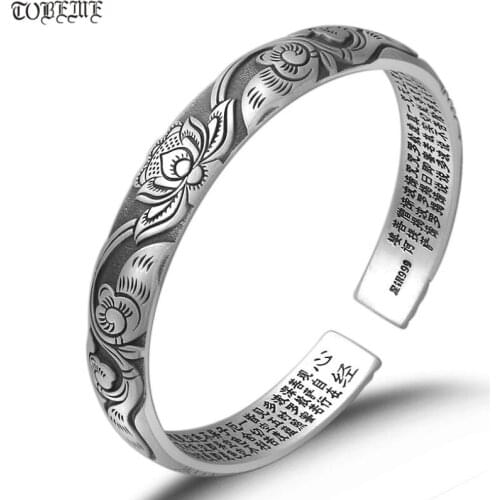 100% 999 Silver Tibetan Lotus Flower Cuff Bracelet Buddhist Heart Sutra Bangle Women Cuff Bracelet Jewelry Gift