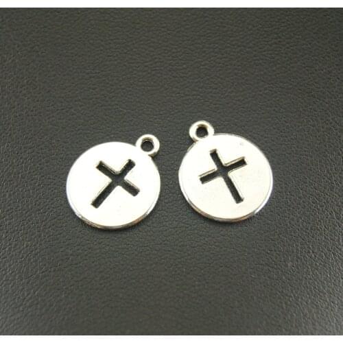 15Pcs Silver Color Tone Round Cross Charm Necklace Jewelry Making DIY Cross Pendant Charms DIY Jewelry Accessories 14x17mm