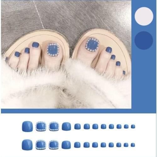 24Pcs Fake Toenails Blue Pearl Design Toenail DIY Decoration For Manicures Artificial Nails With Glue Summer Beauty Toenail
