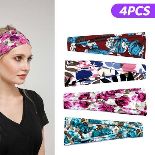 4PCS Fashion Women Girls Summer Bohemian Hair Bands Print Headbands Vintage Cross Turban Bandage Bandanas HairBands