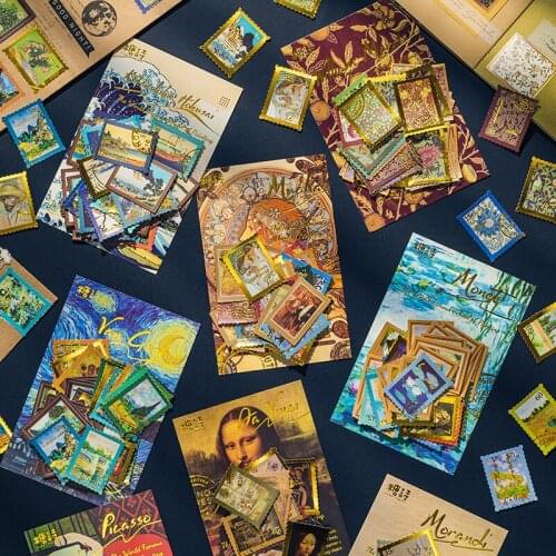 40pcs World Famous Painting Bronzing Stamp Stickers Aesthetic INS Retro Van Gogh Starry Sky Monet Bullet Journaling Accessories