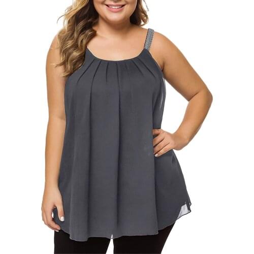 3xl Plus Size Blouse Women Solid Pleated Chiffon Beaded Spaghetti Top Summer Sleeveless Shirts Blusas Mujer Блузки Топ Tank A20